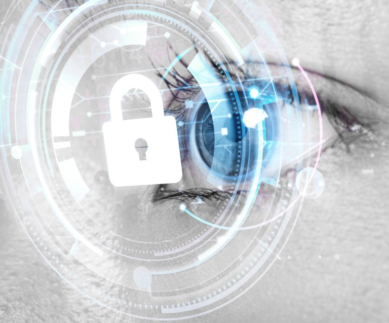 Woman’s eye with smart contact lens biometric secu technology concept